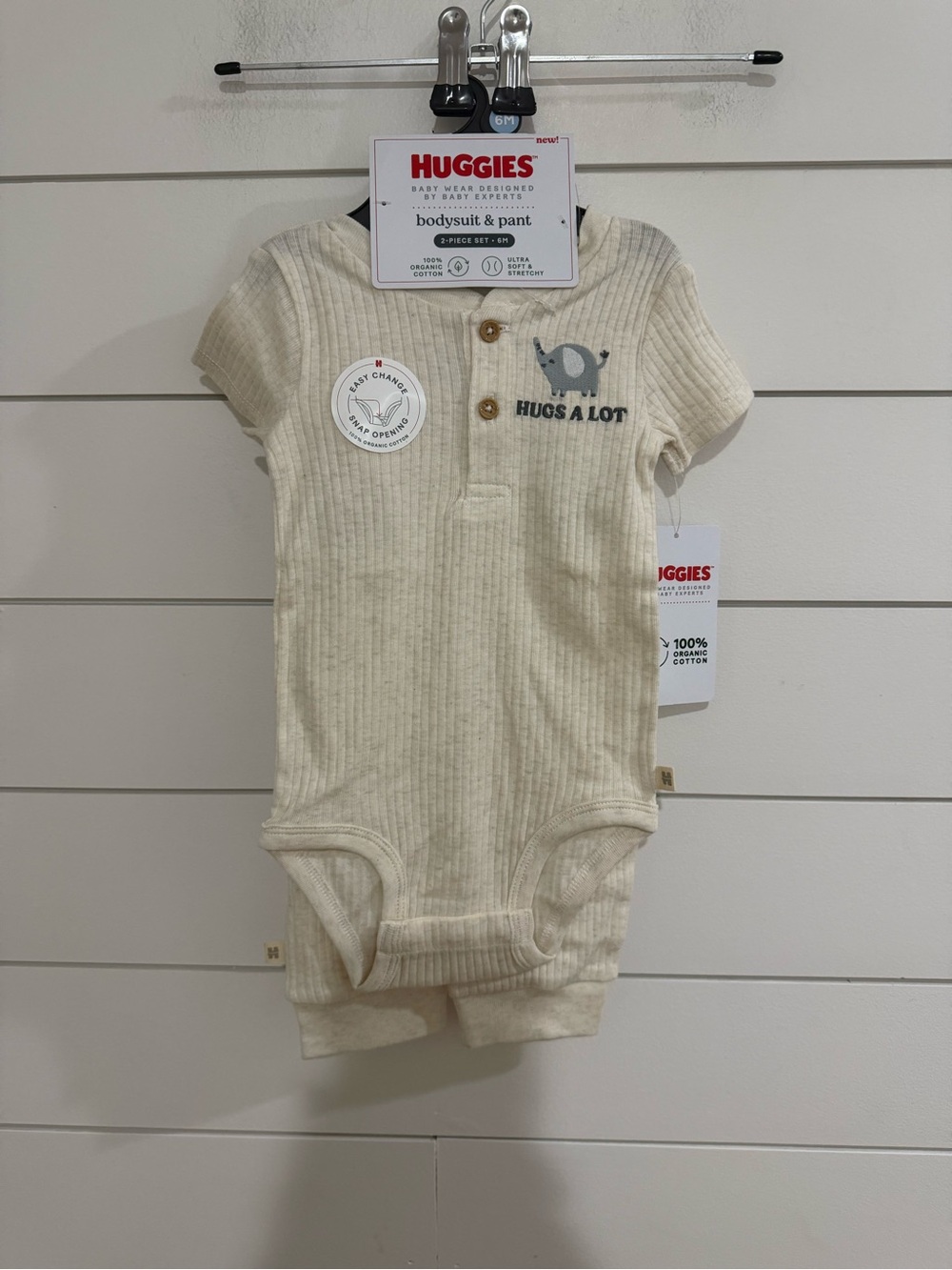 Huggies Cream 'Hugs A Lot' Ribbed Baby Bodysuit & Pant Set
